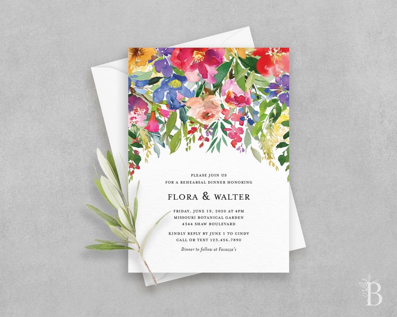 Boho rehearsal dinner invitation Flower Wedding rehearsal invitation Floral Rehearsal Dinner Invitation Vibrant and colorful invitation