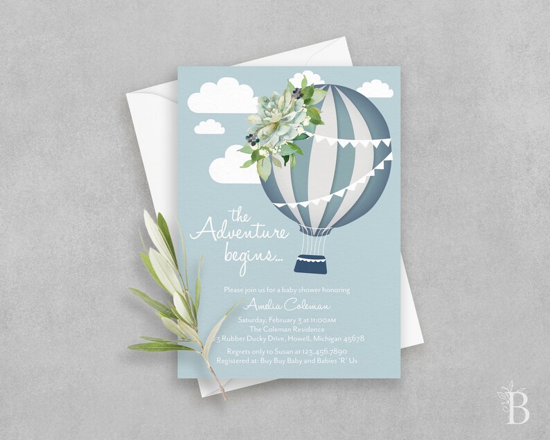 Hot air balloon baby shower invitation Blue baby shower Etsy