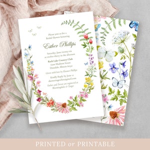 Wildflower and butterflies boho bridal shower invitation, Floral wreath shower invite with vibrant watercolor flowers, Printed invitations image 3