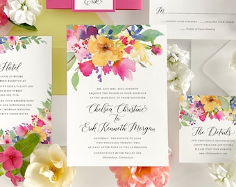 Boho wedding invitation, Watercolor flowers wedding invite, bright and colorful wedding invitation, botanical garden wedding invitation