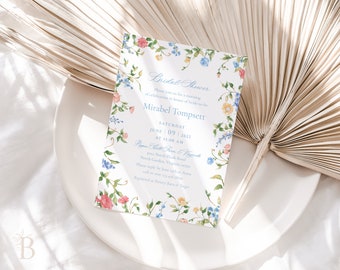 Spring floral bridal shower invitation, Wildflower wedding shower invitation, Summer garden bridal brunch invitation, Blue shower invitation