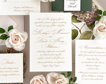Calligraphy wedding invitations, Traditional and Timeless wedding stationery, Letterpress and Gold Foil Invitations, (Sample invite set)