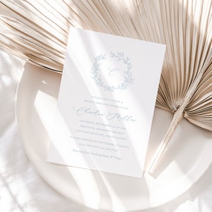 Something blue bridal shower invitation, Greenery crest wedding shower invitation, Monogram invitation, Printed invitations and envelopes