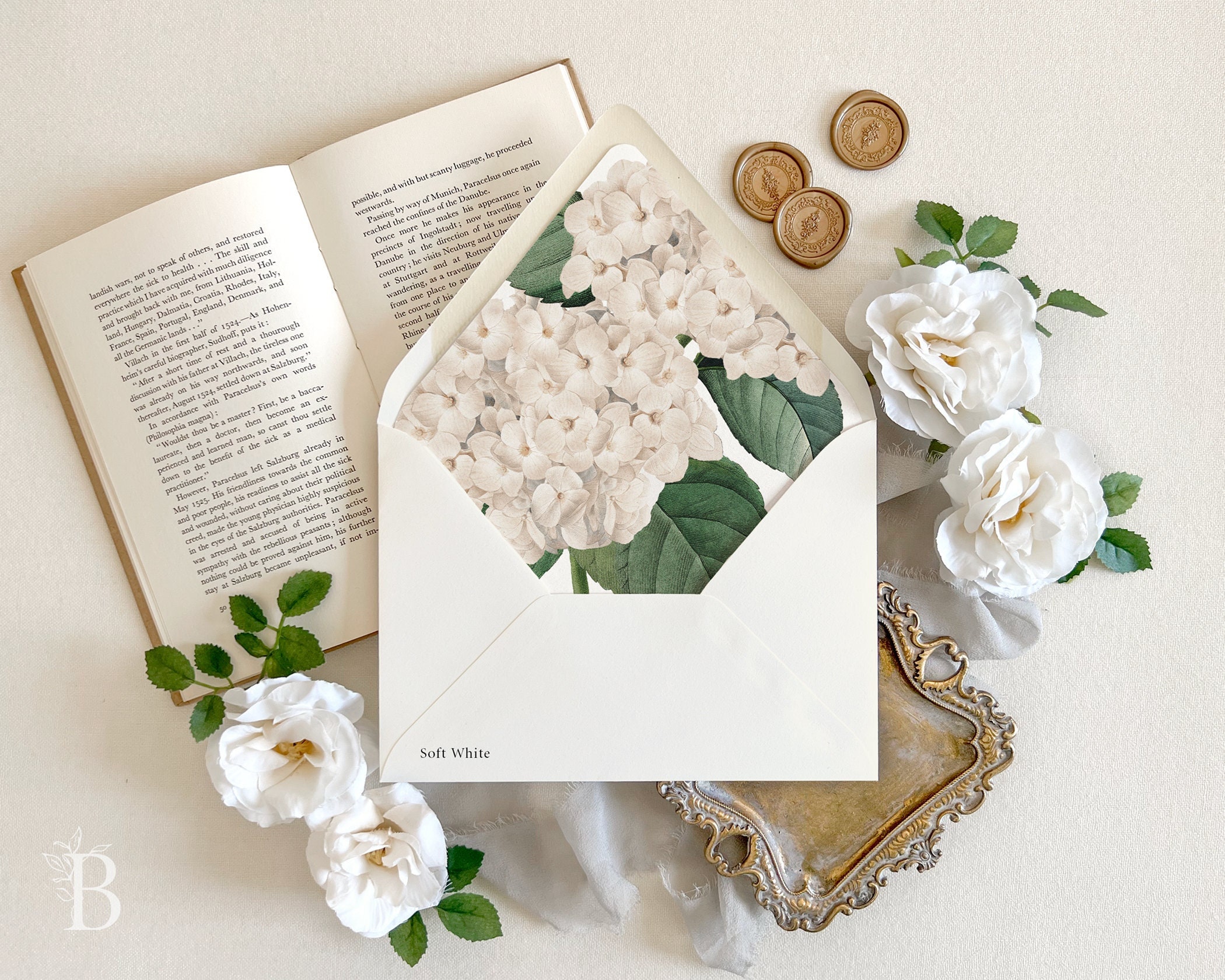 Hydrangea lined envelopes for wedding invitations | Fine art floral envelope liners, Elegant Wedding envelopes, Floral painting liner