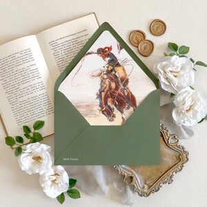Fine art Western painting envelope liner | Cowboy Wedding envelope, Wedding envelope with liner, Western Horse Envelope, Decorative envelope Mid Green
