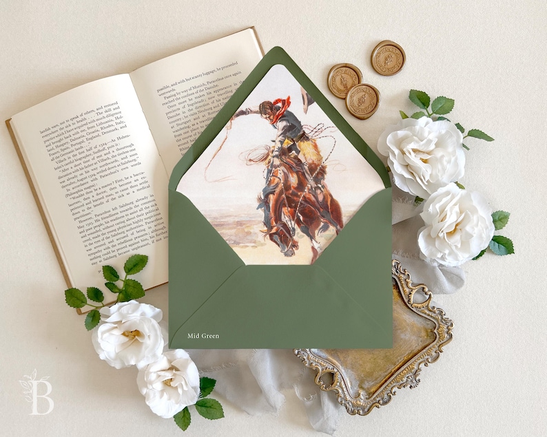 Fine art Western painting envelope liner | Cowboy Wedding envelope, Wedding envelope with liner, Western Horse Envelope, Decorative envelope Mid Green