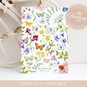 Wildflower and butterflies boho bridal shower invitation, Floral wreath shower invite with vibrant watercolor flowers, Printed invitations image 2