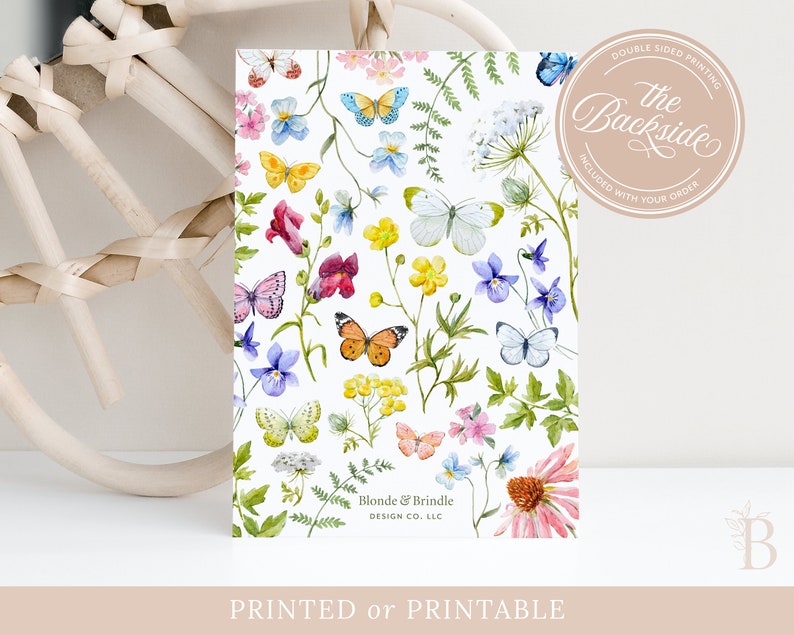 Wildflower and butterflies boho bridal shower invitation, Floral wreath shower invite with vibrant watercolor flowers, Printed invitations image 2