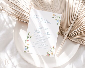 Floral bridal shower invitation, Wildflower wedding shower invitation, Summer garden bridal brunch invitation, Blue shower invitation