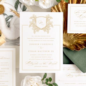 Southern wedding invitation, Wedding invitation with crest and monogram, Elegant Gold wedding invitation, Luxury invites (Sample invite set)