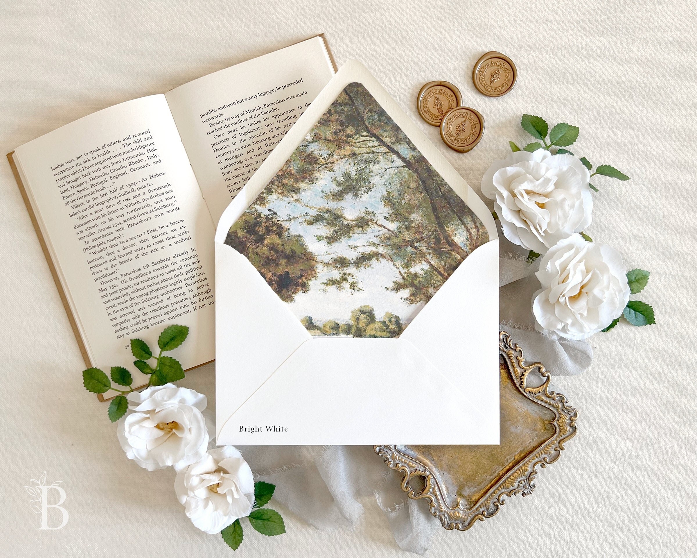 Fine art landscape painting envelope liner | Country Wedding envelope, Wedding envelopes with liner, Decorative envelopes, woodland envelope