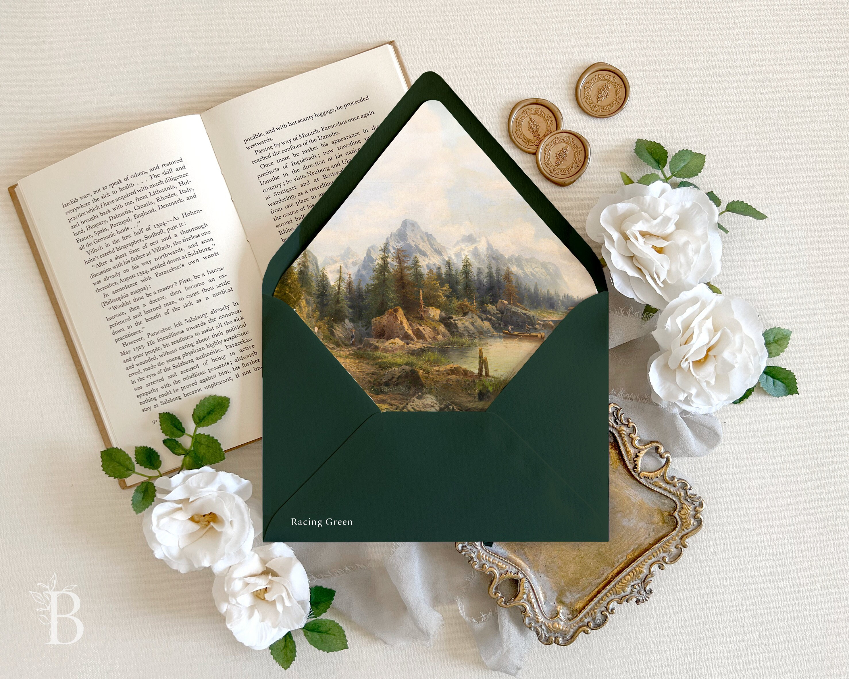 Mountain landscape wedding envelope | Mountain painting envelope liner, Vintage fine art mailing envelopes, Mountain wedding envelopes