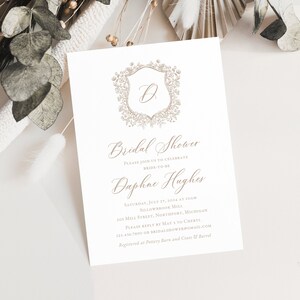 Elegant bridal shower invitation, Monogram shower invitation, Luxury bridal shower invitation, Floral crest bridal shower invitation