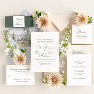 May include: Wedding invitation suite with a floral theme. The invitation features a watercolour illustration of a garden scene and the text "Flora Christine to Quinn Jackson Harrington". The details card includes the text "Details" and the hotel card includes the text "Hotel".