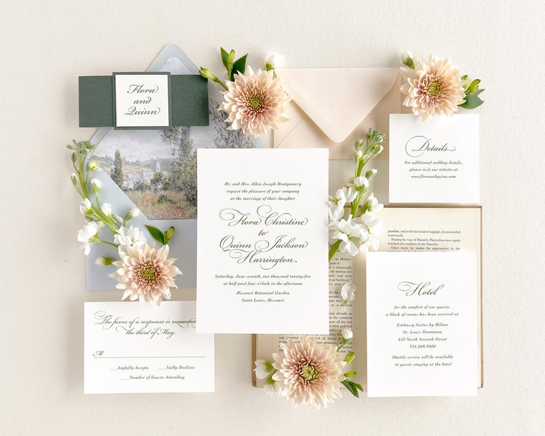 May include: Wedding invitation suite with a floral theme. The invitation features a watercolour illustration of a garden scene and the text "Flora Christine to Quinn Jackson Harrington". The details card includes the text "Details" and the hotel card includes the text "Hotel".