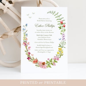 Wildflower and butterflies boho bridal shower invitation, Floral wreath shower invite with vibrant watercolor flowers, Printed invitations image 1