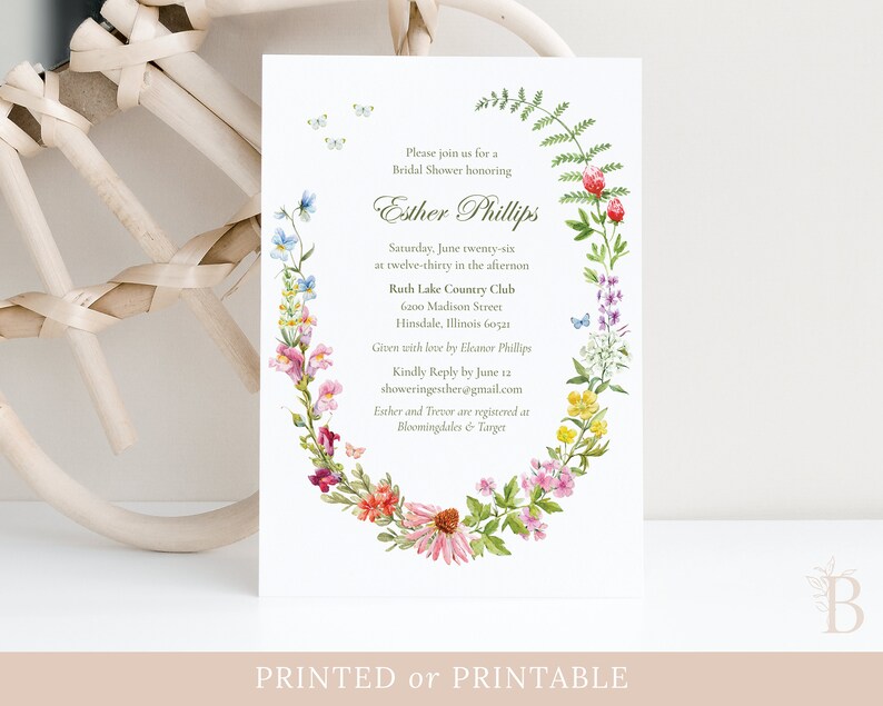 Wildflower and butterflies boho bridal shower invitation, Floral wreath shower invite with vibrant watercolor flowers, Printed invitations image 1