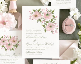 Pink floral wedding invitation, Elegant wedding invitation, Blush greenery wedding invitation, Pink rose wedding (Sample invitation suite)
