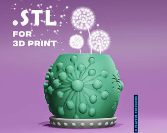 Cute Dandelion Planter STL File for 3D Printer | Interior Planter 3D Model with Drainage & Tray for 3D Printing | Plant Pot DIGITAL DOWNLOAD