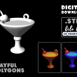 May include: A 3D printable model of a cocktail glass with a cherry on top. The model is available in STL format for 3D printing. The image shows the model in white, orange, and blue.