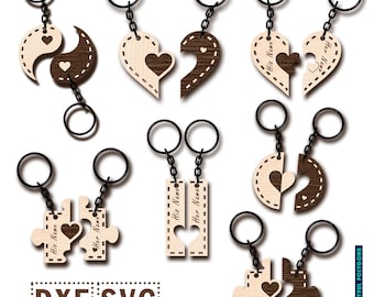Valentines Keychain SVG / DXF Bundle:  7 Couple Keychains Puzzle Designs for Laser Cutting (Svg & Dxf Files, Commercial Use)