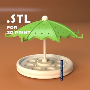 May include: A green umbrella with a white base and holes in the canopy. The base has eight small holes around the edge. The umbrella is labeled with the text ".STL FOR 3D PRINT" and "PLAYFUL POLYGONS".