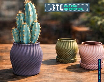 Wavy Modern Planter STL File for 3D Printer | 3D Model of Plant Pot With Drainage for Cacti, Succulents | DIGITAL DOWNLOAD