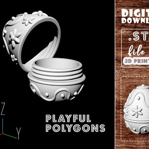 May include: A white 3D printed Easter egg shaped trinket box with a floral design. The box is open and the lid is laying next to it. The box is designed to be printed on a 3D printer.  The text "DIGITAL DOWNLOAD .STL file for 3D PRINTING" is visible in the image.
