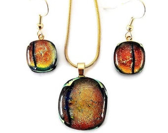 Dichroic Glass Set of Orange Gold Pendant and Wire Earrings with Snake Chain