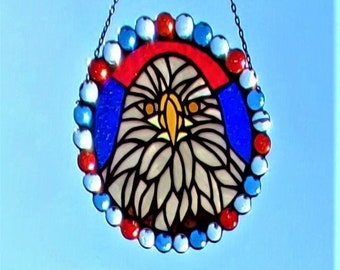 Stained Glass 8inch Suncatcher of Bald Eagle Surrounded by Red, White and Blue