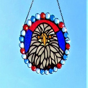 Stained Glass 8inch Suncatcher of Bald Eagle Surrounded by Red, White and Blue image 1