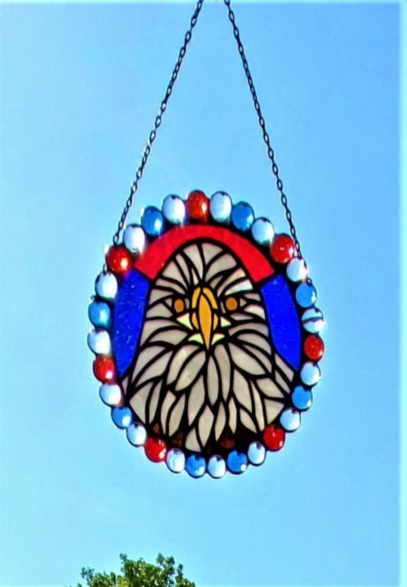 Stained Glass 8inch Suncatcher of Bald Eagle Surrounded by Red, White and Blue image 1