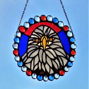 Stained Glass 8inch Suncatcher of Bald Eagle Surrounded by Red, White and Blue image 4