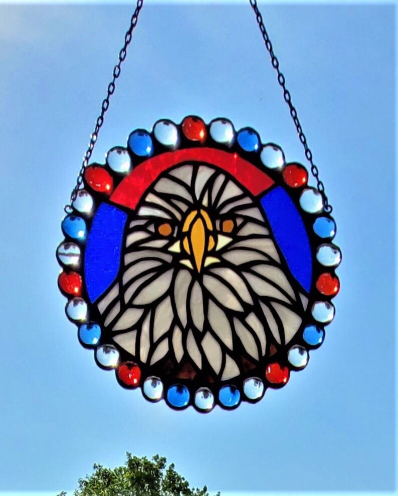 Stained Glass 8inch Suncatcher of Bald Eagle Surrounded by Red, White and Blue image 4