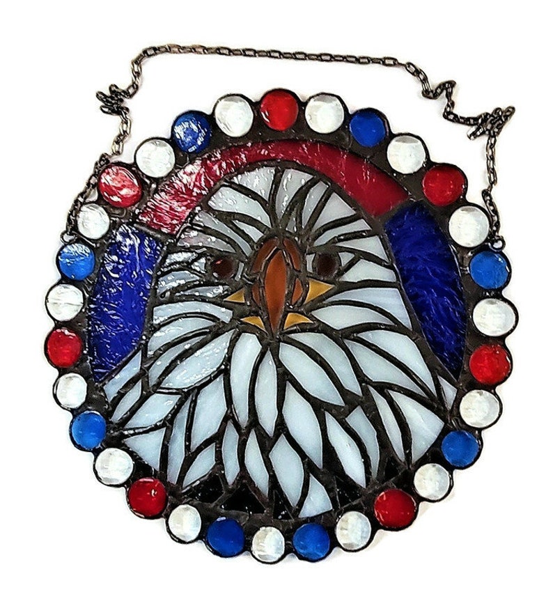 Stained Glass 8inch Suncatcher of Bald Eagle Surrounded by Red, White and Blue image 6