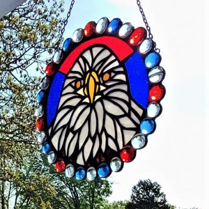 Stained Glass 8inch Suncatcher of Bald Eagle Surrounded by Red, White and Blue image 3