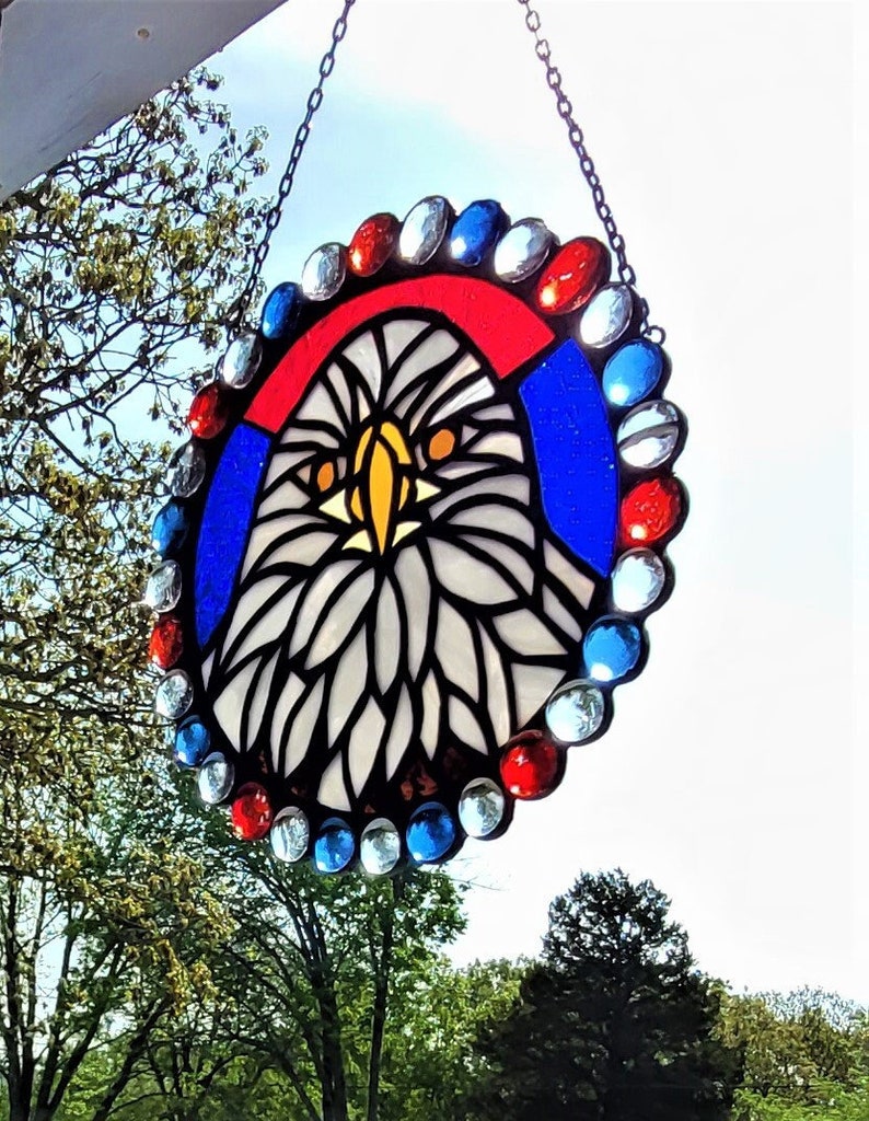 Stained Glass 8inch Suncatcher of Bald Eagle Surrounded by Red, White and Blue image 3
