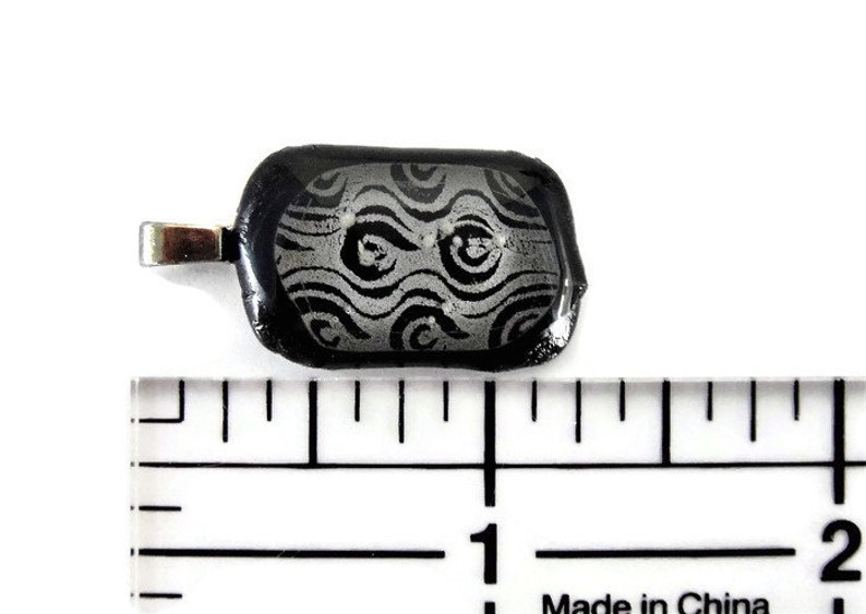 Dichroic Glass Elegant Silver Grey Pattern on Black with Clear Topper Pendant and Stud Earring Set