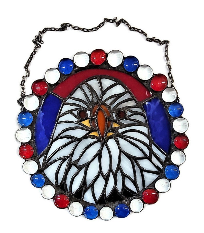 Stained Glass 8inch Suncatcher of Bald Eagle Surrounded by Red, White and Blue image 5