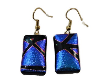 Dichroic Glass Black Abstract on Dark Blue with Pink Flashes Dangle Earrings