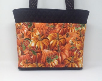 Pumpkin theme Fall four pocket Tote bag, Sturdy Quilted Shoulder bag with lots of pockets and it Ships FREE