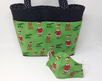 Tote and Face Mask, Grinch Quilted Fabric Christmas Tote Bag in Green, lots of pockets, Black and white Polka Dot trim