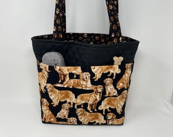 Golden Retriever Quilted Fabric Tote, Lots of Pockets, Fast Free Shipping, Made for those who love a Golden Retriever Dog