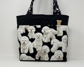 Bichon Quilted Dog Tote Bag,  Lots of Pockets Bichon Frise Pure Breed, Fabric Purse, Lots of Pockets, Free Shipping