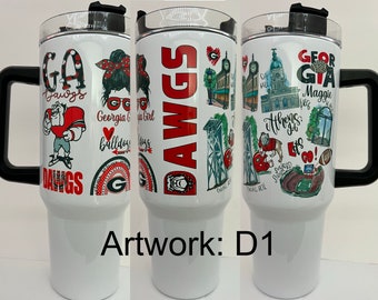 Georgia Tumbler 8 Artwork Options (handle on 40 oz) handle on DAWGS CUP Football girl Gift man Bulldog also see our 12-20 oz listing