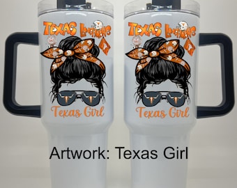 Texas Tumbler with 3 Artwork Options (handle on 40 oz) Hook Em Horns Cup Football Gift man Texas