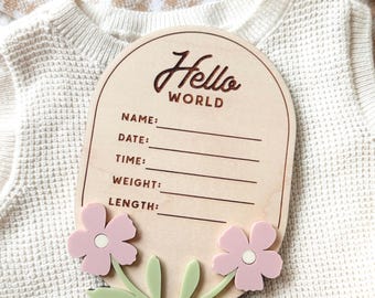 Hello World Sign, Floral Birth Announcement, Baby Name Sign for Hospital, Newborn Photo Prop