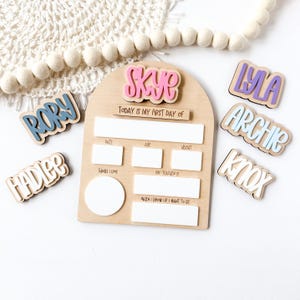 Interchangeable and reusable first/last day of school sign.  Features magnetic interchangeable names in your choice of color, velcro first/last day of school pieces and white dry erase areas to fill in milestones!