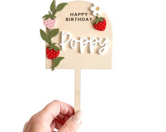 Berry First Birthday Cake Topper, Custom Name, Strawberry Theme