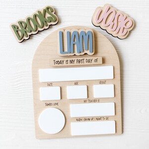Interchangeable and reusable first/last day of school sign.  Features magnetic interchangeable names in your choice of color, velcro first/last day of school pieces and white dry erase areas to fill in milestones!